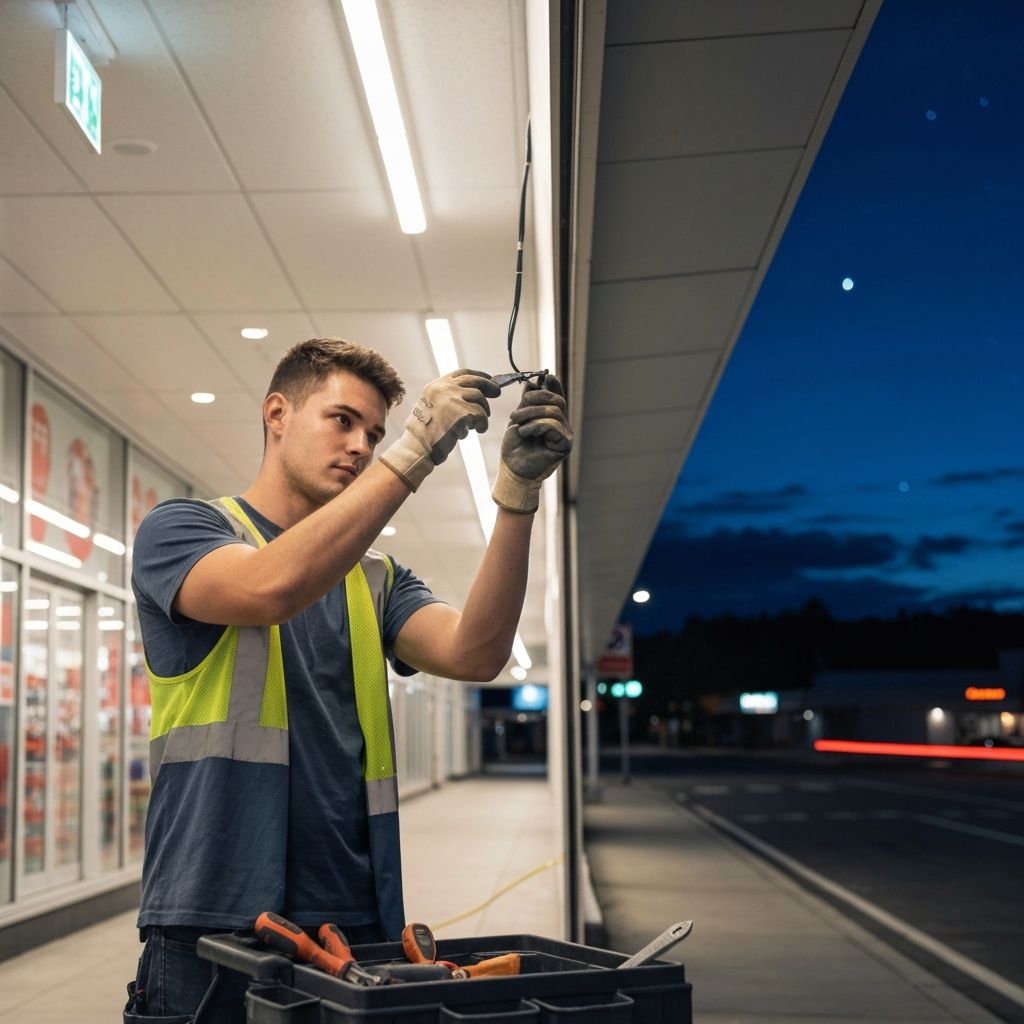 Commercial electrician performing nighttime exterior electrical work
