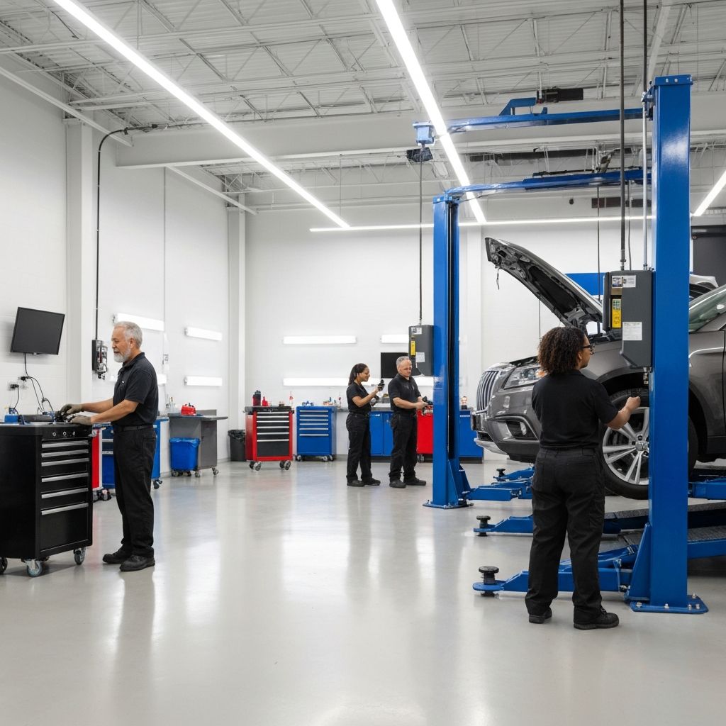 Professional automotive dealership service bay with bright LED lighting and modern electrical infrastructure