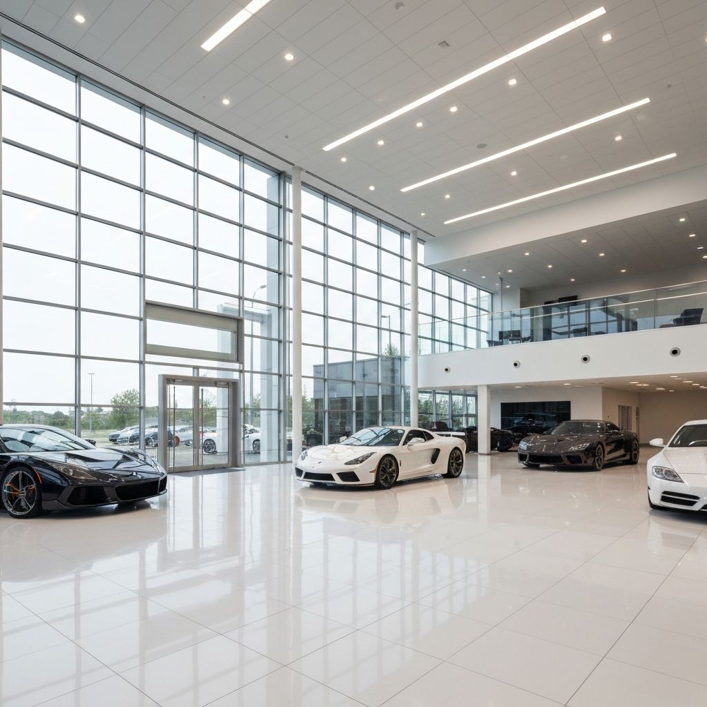 Bright modern luxury car dealership showroom with premium LED lighting