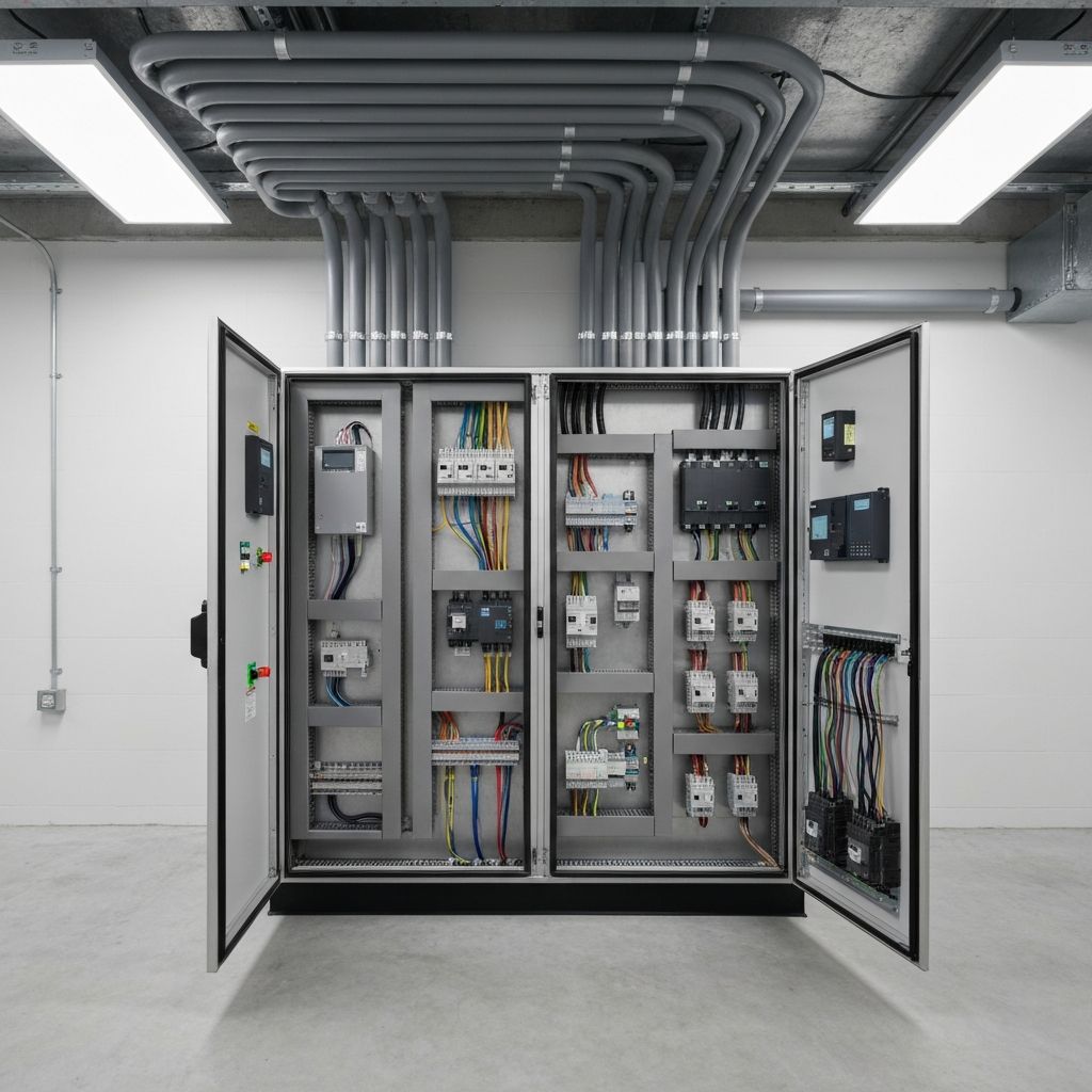 Commercial car wash motor control panels with VFDs and organized wiring