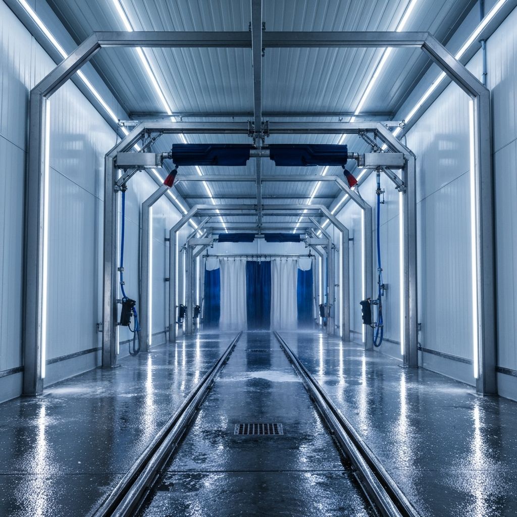 Express tunnel car wash interior with waterproof LED lighting and stainless equipment