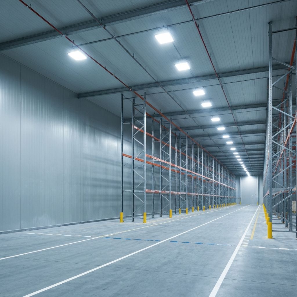 Cold storage warehouse interior with LED vapor-tight fixtures illuminating refrigerated pallet racking