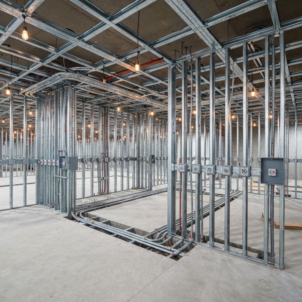Commercial construction electrical rough-in with EMT conduit runs, junction boxes, and cable tray