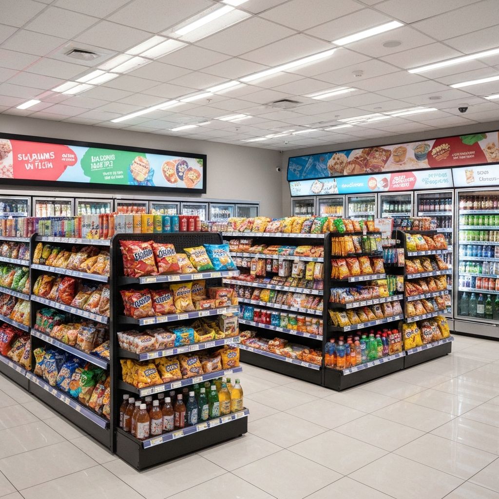 Bright inviting convenience store interior with modern LED ceiling lighting and illuminated aisles