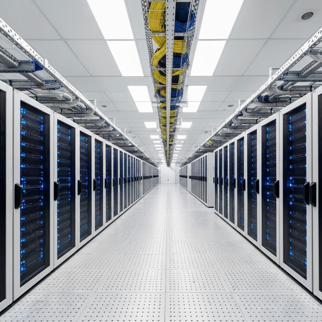 Data center server room with rows of cabinets, blue LED status lights, and overhead cable management