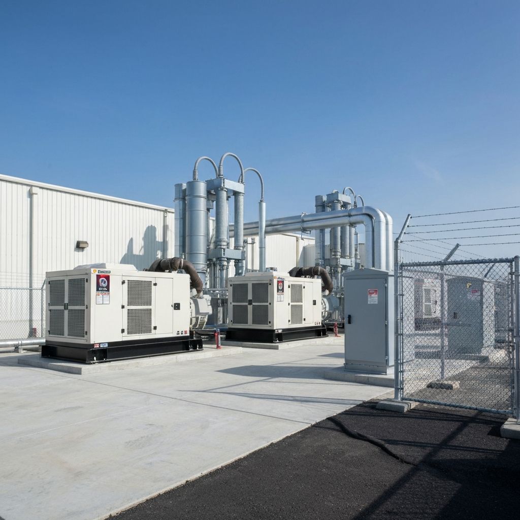 Backup diesel generators and automatic transfer switch enclosures outside a data center facility