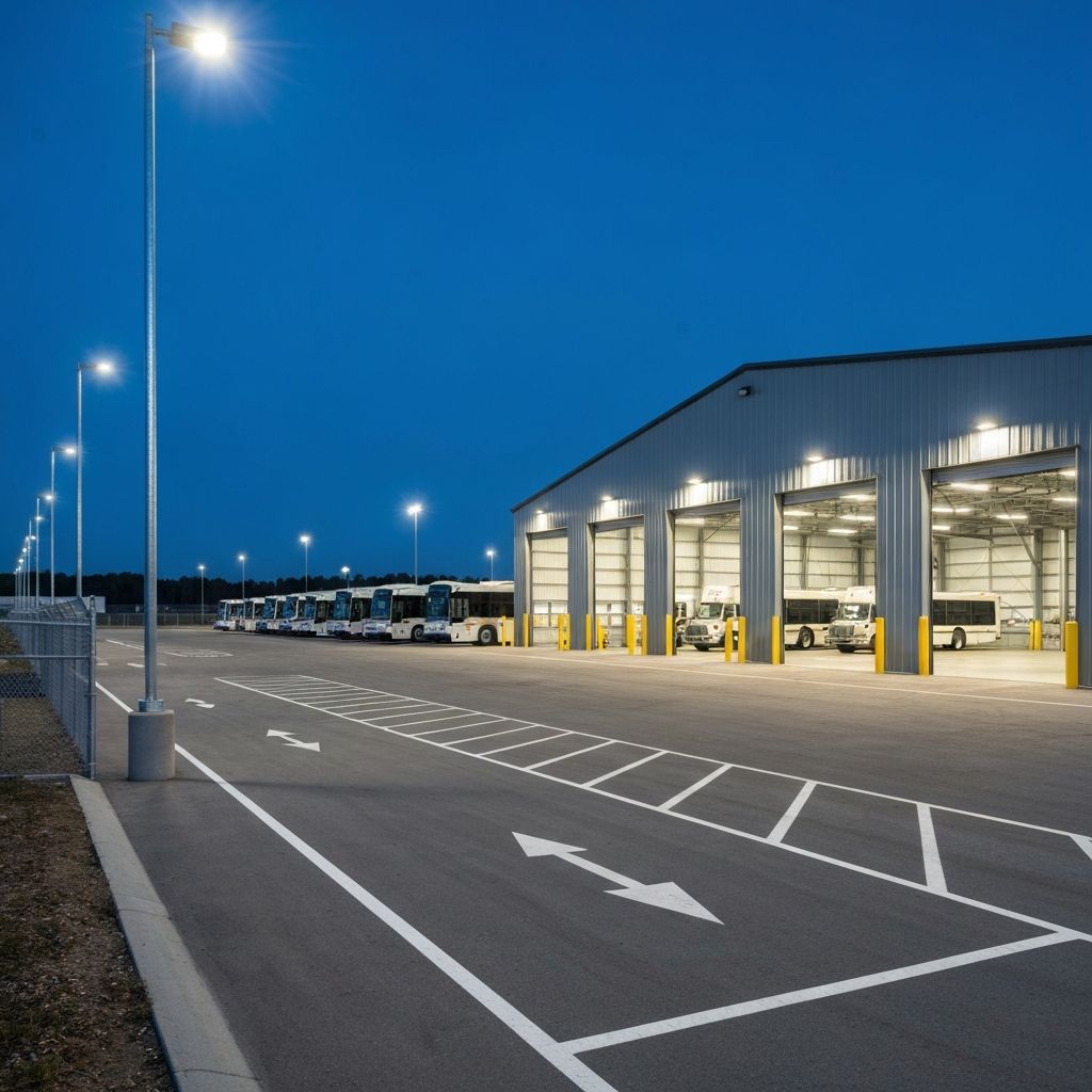 Fleet facility with professional electrical infrastructure and yard lighting