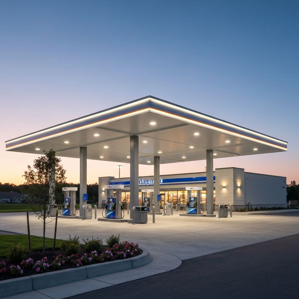 Modern fuel station with premium illuminated signage and professional brand presentation