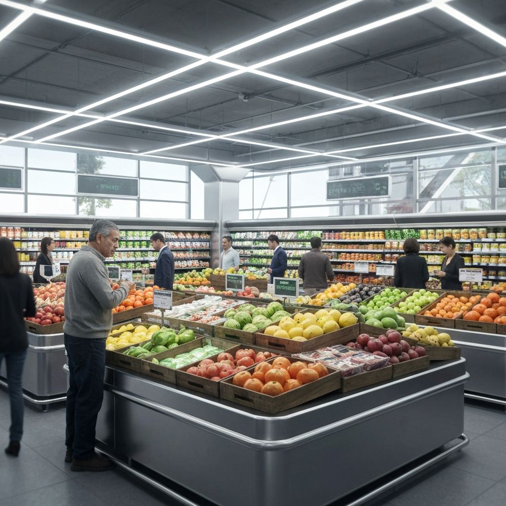 Supermarket interior with bright LED troffer lighting over refrigerated produce display cases