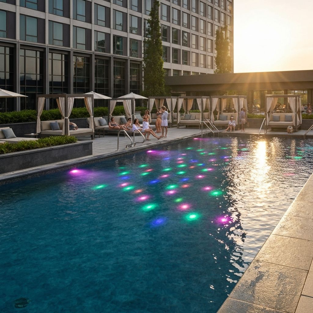 Hotel pool deck at twilight with underwater LED lighting and landscape accent lighting