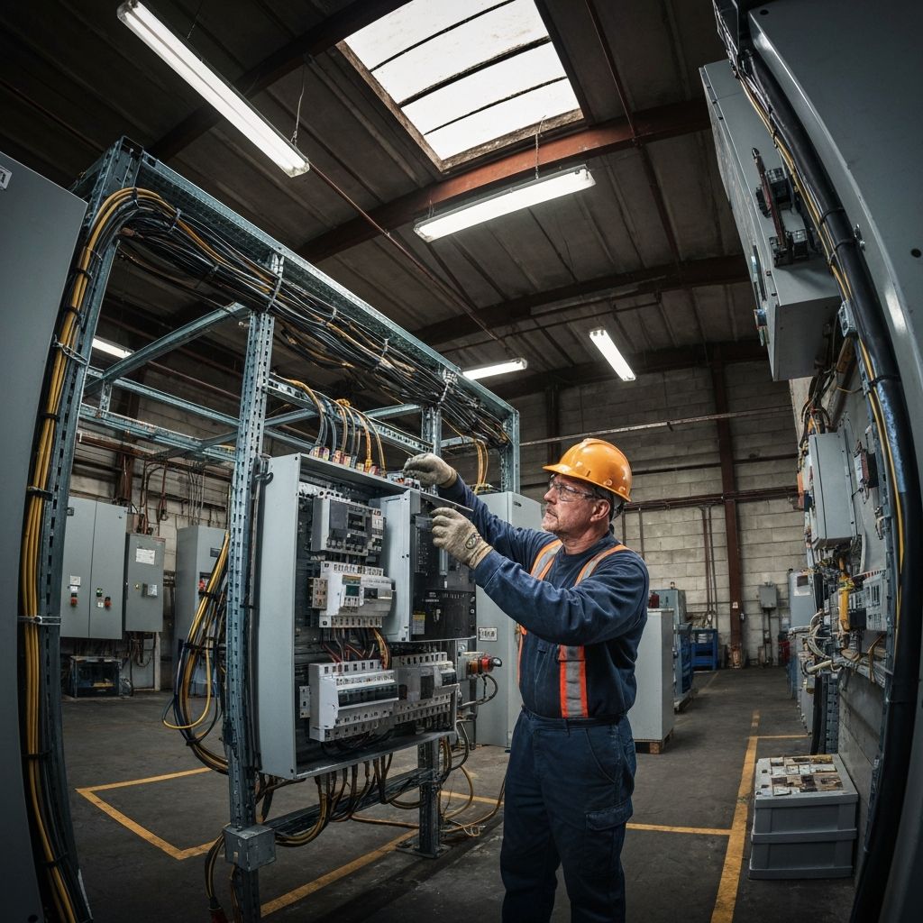 Technician working on commercial electrical equipment in a building