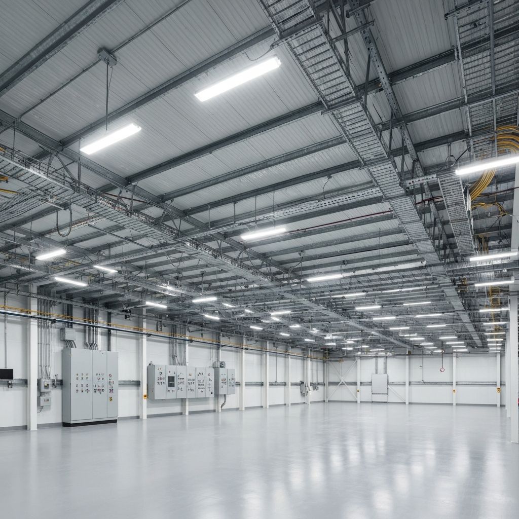 Manufacturing plant interior with LED high-bay lighting illuminating the production floor and visible conduit runs