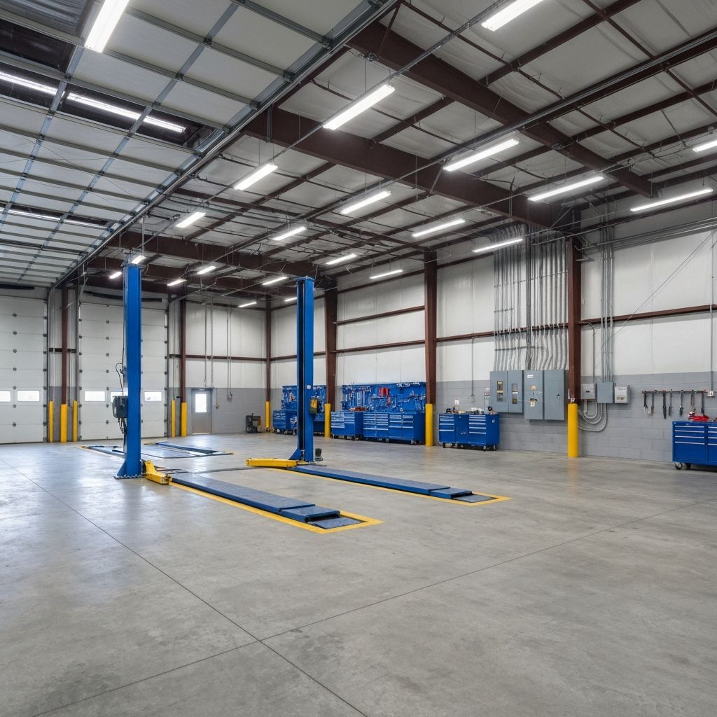 Municipal maintenance bay interior with bright LED high-bay lighting and organized tool storage