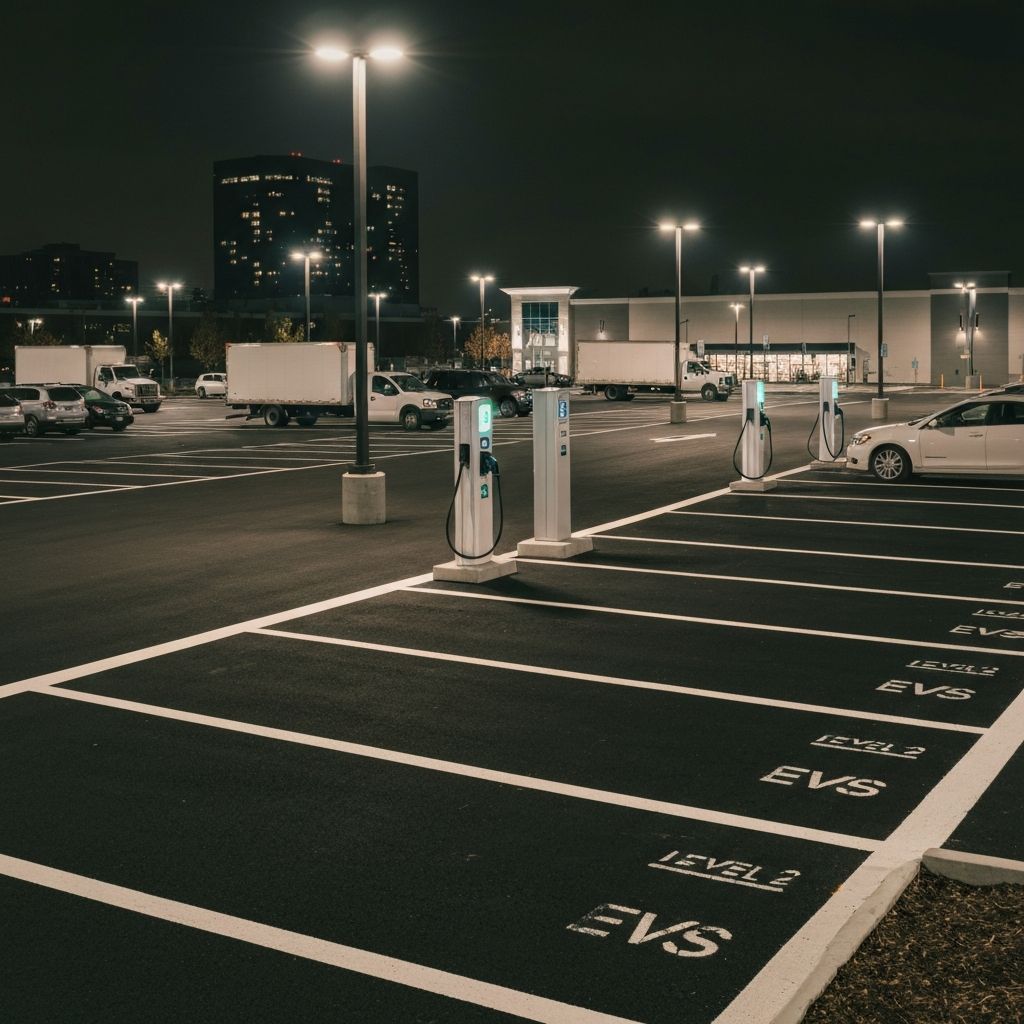 Commercial surface parking lot at night with LED pole lights and EV charging stations