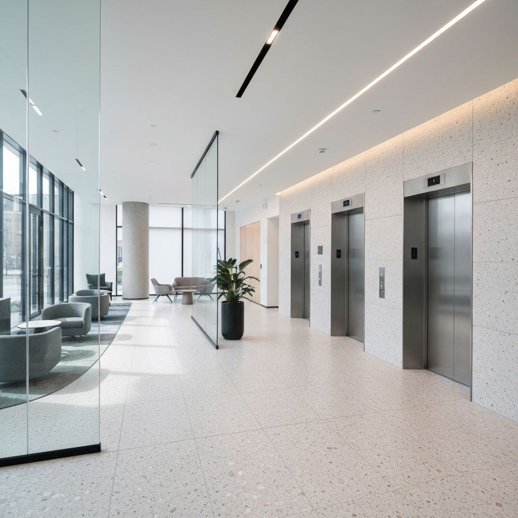 Commercial office building lobby with bright LED recessed lighting and modern access control