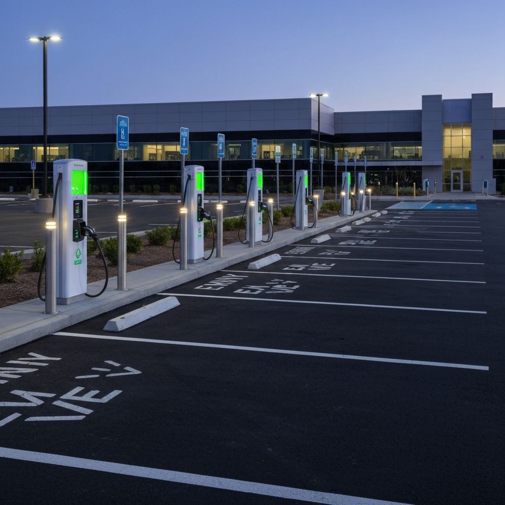 EV charging stations in commercial office parking lot with LED bollard lighting