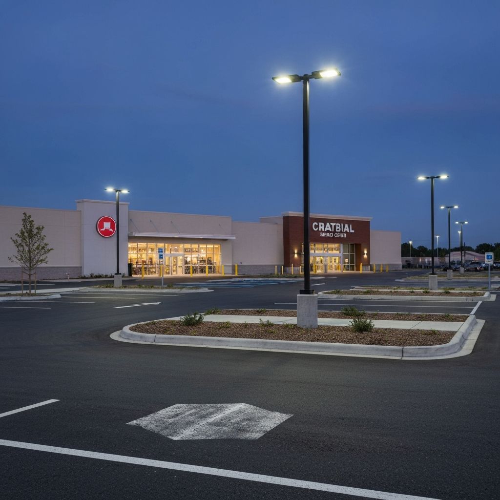 Retail center parking lot with LED pole lighting at night
