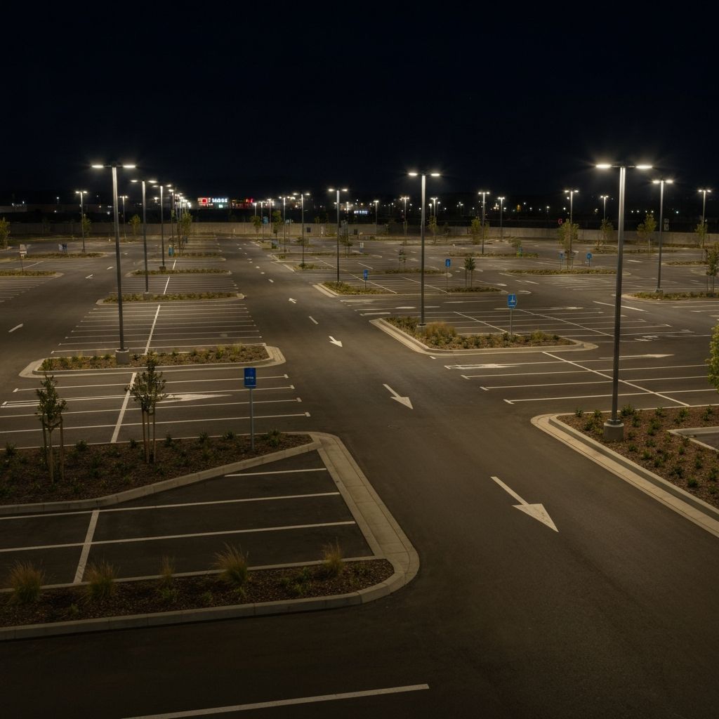 Retail shopping center parking lot lighting at night