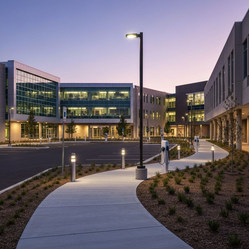 University campus pathway and parking area with LED lighting and EV charging infrastructure