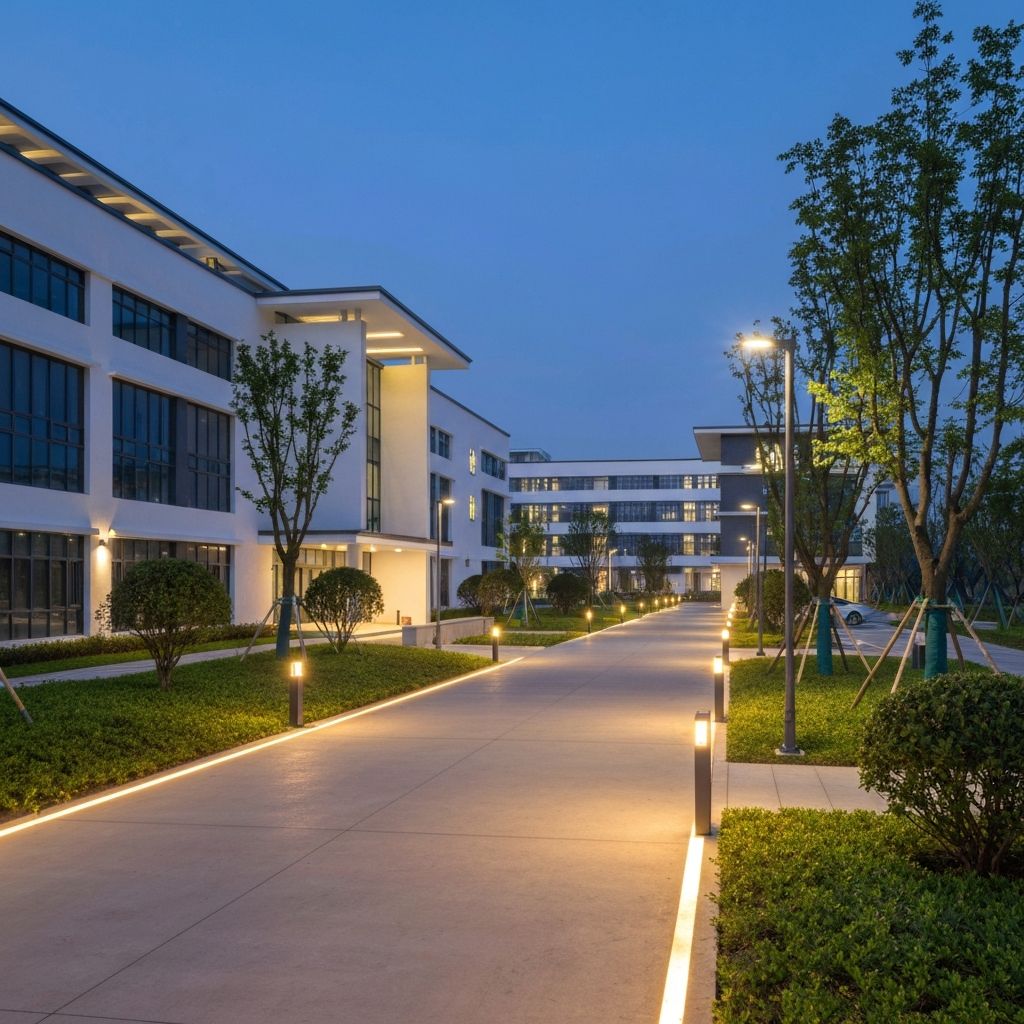 School campus exterior at dusk with LED walkway and parking lot lighting