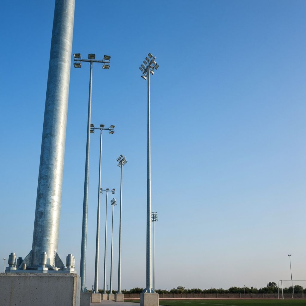 High-mast sports lighting poles with LED luminaire heads aimed at an athletic field