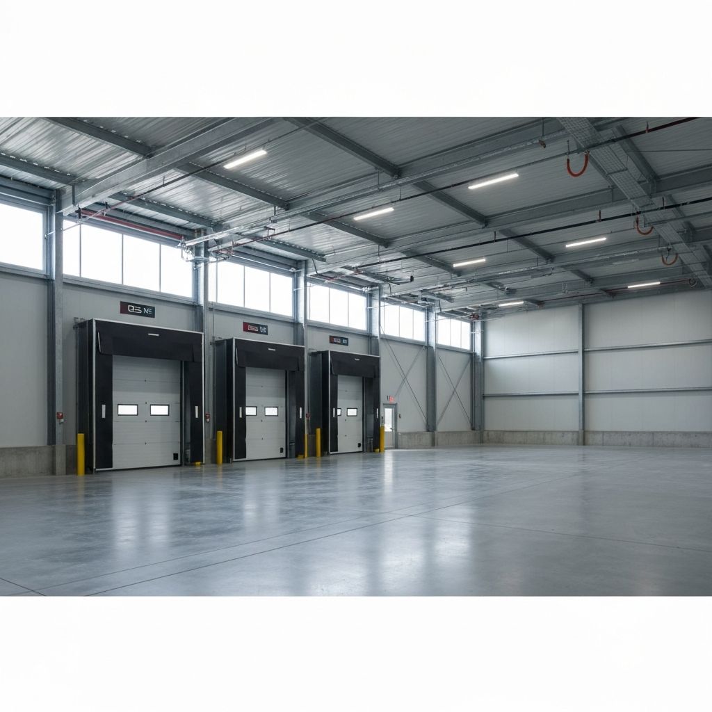 Warehouse interior with rows of LED high-bay fixtures illuminating pallet racking and loading areas