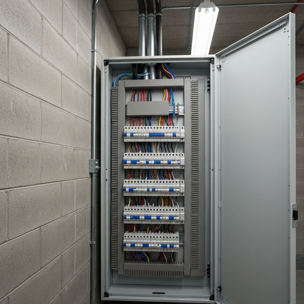 Modern commercial electrical panel with labeled breakers and clean conduit runs