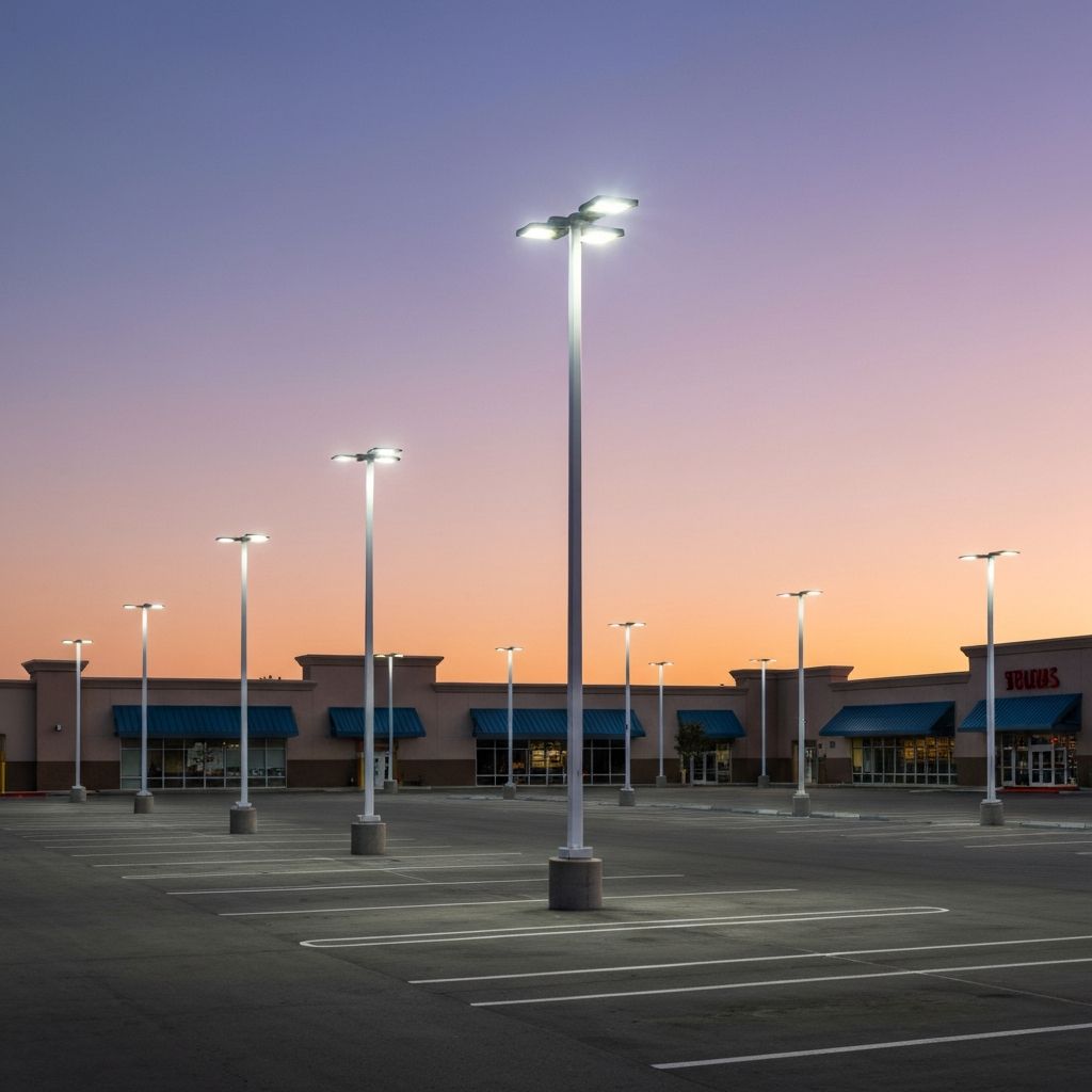 Commercial parking lot lighting with modern LED pole fixtures at a retail property