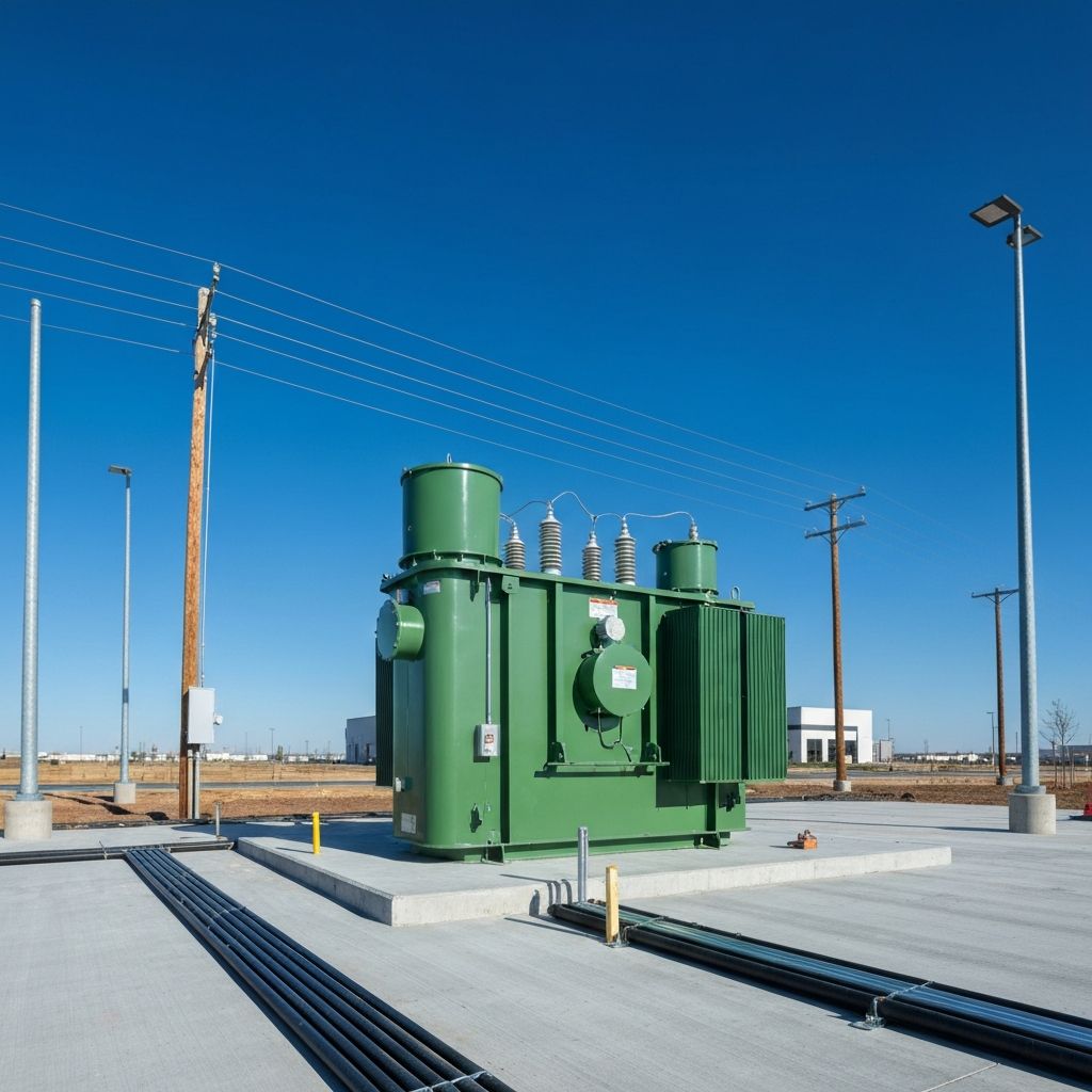 Commercial utility transformer installation on concrete pad with conduit runs and utility poles